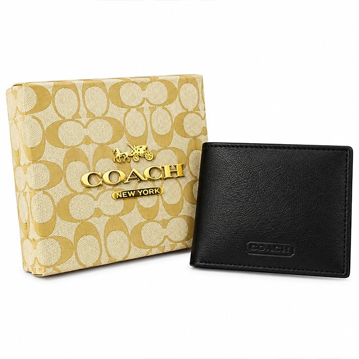 Coach Men Black Leather Bifold Wallet with Signature Gift Box