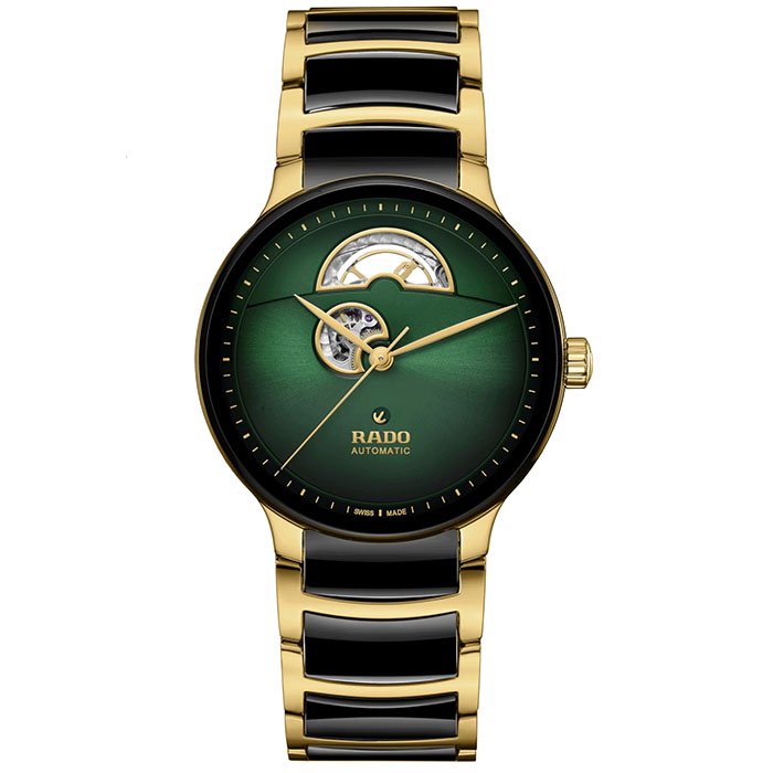 Rado Centrix Open Heart automatic watch green dial steel bracelet PVD yellow gold and black ceramic 39.5 mm