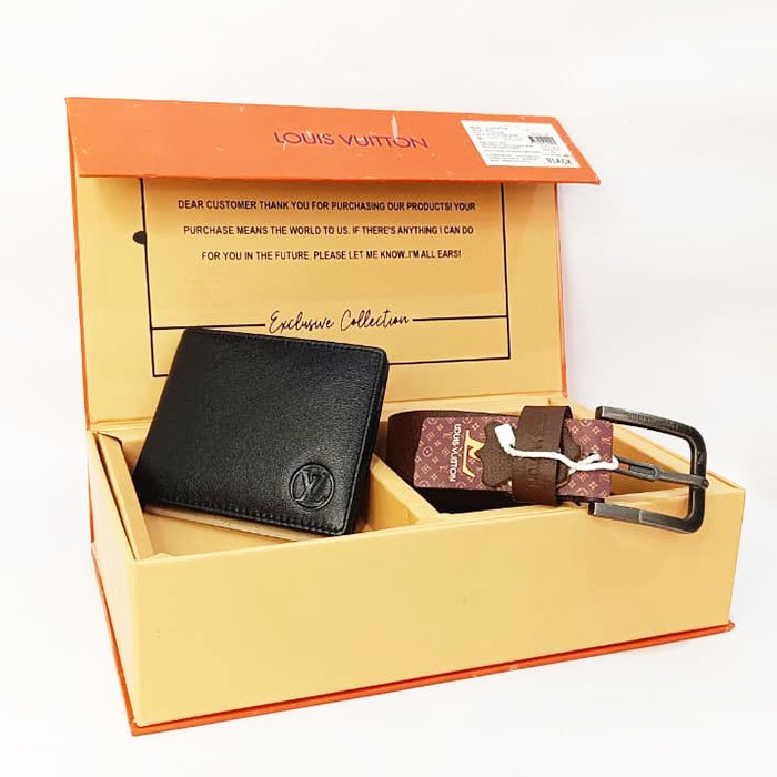 COMBO - Louis Vuitton Men Black Leather Wallet & Brown Belt Gift Set