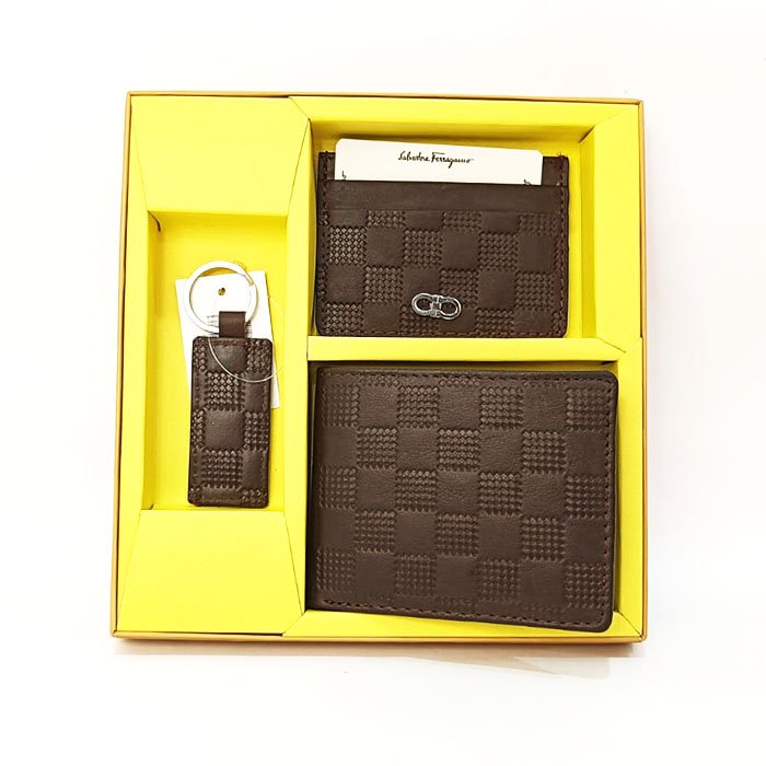 Salvatore Ferragamo Premium Men Brown Wallet & Card Holder Gift Set
